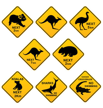 Various Australian animal highway road signs and warning signs kangaroo wombat koala shark crocodile emu set vector illustrationのイラスト素材