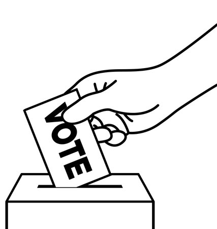 hand placing vote ballot paper in ballot box simple black and white outline linework isolated on white background vectorのイラスト素材