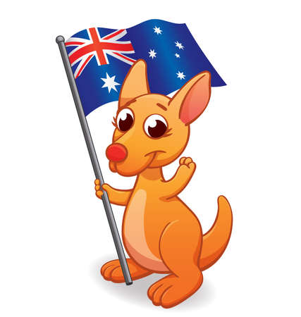 cute cartoon australian kangaroo joey character illustration with aussie flag vector isoalted on white backgroundのイラスト素材