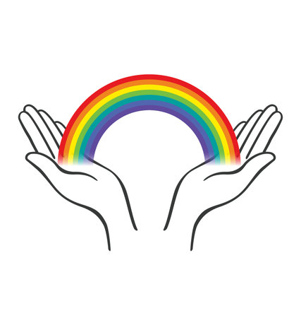 simple open hands outline supporting cradling colorful rainbow outline lineart vector isolated on white backgroundのイラスト素材