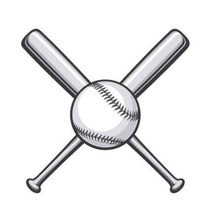 simple classic baseball with 2 crossed baseball bats grayscale gray cartoon shaded base ball vector isolated on white backgroundのイラスト素材