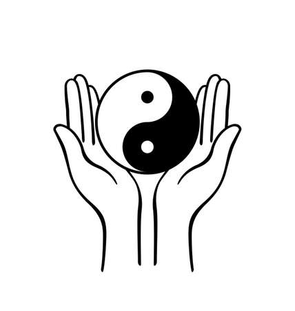 simple open hands outline supporting cradling floating black and white yin yang symbol vector isolated on white backgroundのイラスト素材