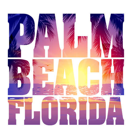 Palm Beach Florida text with evening purple pink beach sunset image within text tshirt graphic design isoalted on white backgroundのイラスト素材