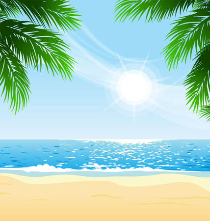 warm tropical beach sunny day with palm trees in foregroundのイラスト素材