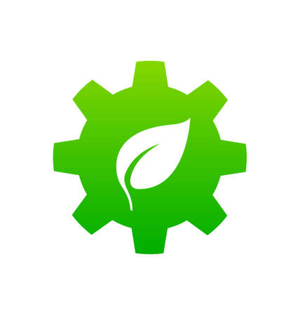green gear with eco leaf icon symbol isolated on white background vector logoのイラスト素材