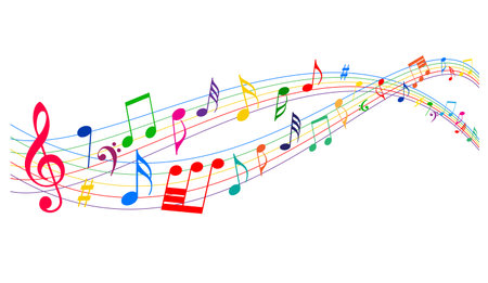colorful music stave staff notation symbols flowing winding vector isolated on white backgroundのイラスト素材