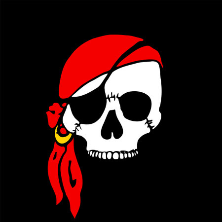pirate skull with red bandana and black eyepatch vector illustration isolated on black backgroundのイラスト素材