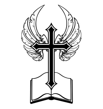 beautiful Christian cross with outstretched angel wings and open bible book crucifix vector isolated on white backgroundのイラスト素材