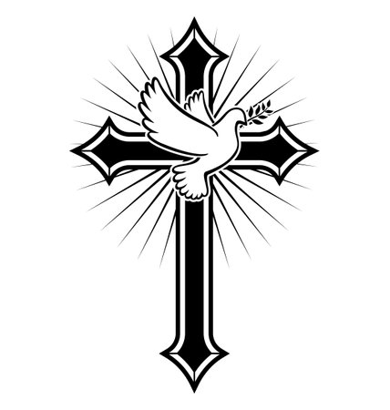 beautiful gothic Christian cross with peave dove and olive branch crucifix vector isolated on white backgroundのイラスト素材