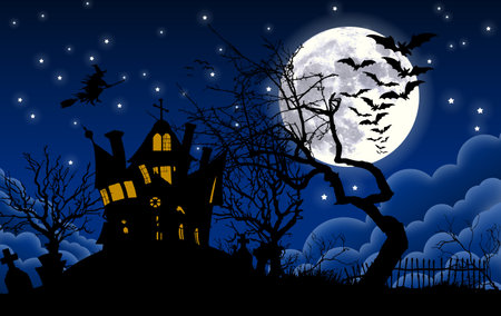 Haunted halloween house with flying bats and witch moonlit night abouve the clouds vector backgroundのイラスト素材