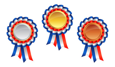beautiful blue red white ribbon award pennant rosette icon set of 3 element with gold silver bronze medal isolated on white background vectorのイラスト素材