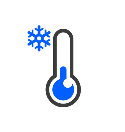 simple classic cold ice snow blue thermometer temperature icon with snowflake small glass outline silhouette vector isolated on white backgroundのイラスト素材
