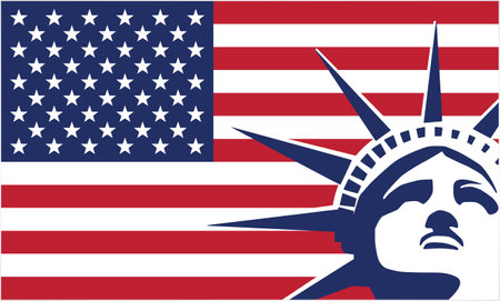 stylized USA flag with statue of liberty face in corner vector illustration isolated on white backgroundのイラスト素材