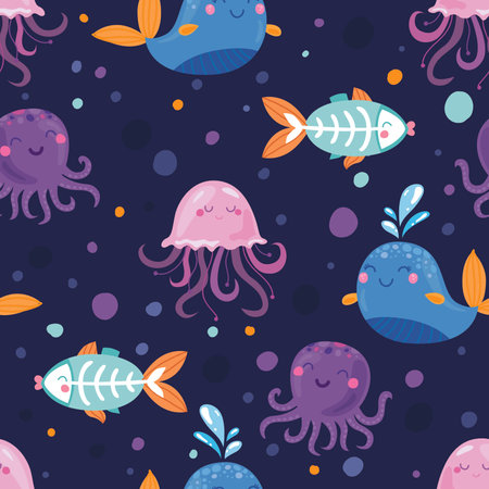 seamless pattern with cute jellyfish, fish and seaweedのイラスト素材