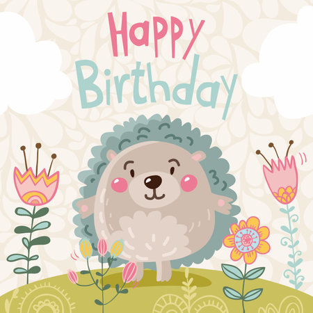 happy birthday card with cute hedgehog and flowers vector illustration designのイラスト素材