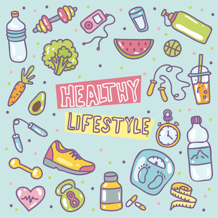 Healthy lifestyle icons set. Vector illustration in doodle style.のイラスト素材