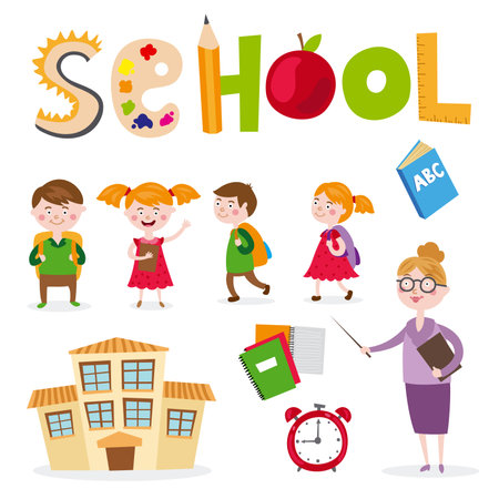 Vector set of school elements. Cute cartoon school kids characters.のイラスト素材