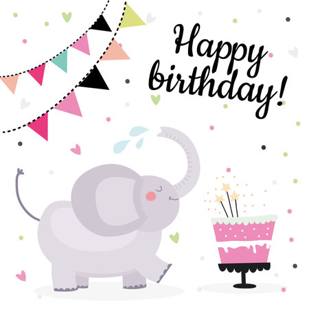 Cute birthday greeting cards design with elephantのイラスト素材