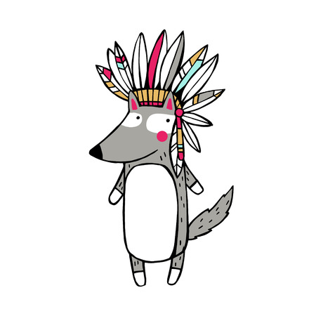 Vector Illustration. Funny american indian wolf.のイラスト素材