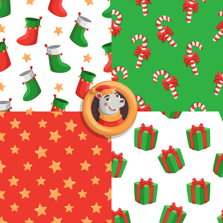 Merry Christmas set of seamless patterns with stars, candies, socks and gifts.のイラスト素材