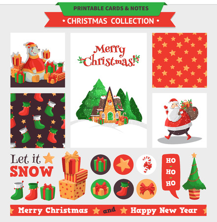 Merry Christmas illustration. Vector printable cards, notes and stickers with Santa, gifts, polar bear etc.のイラスト素材