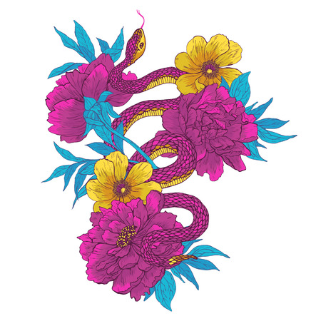 Vector illustration. Hand drawn shake with flowers isolated on white background.のイラスト素材