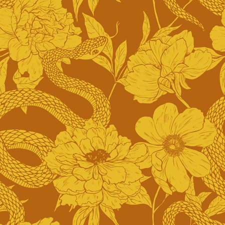 Seamless vector hand drawn pattern with shake and flowers.のイラスト素材