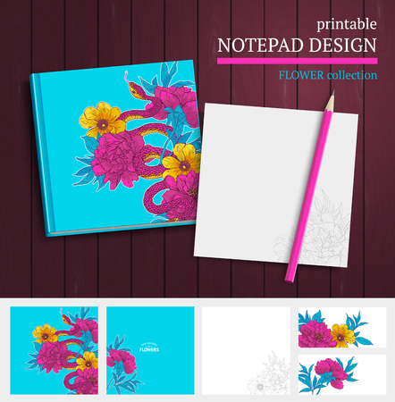 Printable vector notepad design with snake, hand drawn flowers and blooming brunches.のイラスト素材