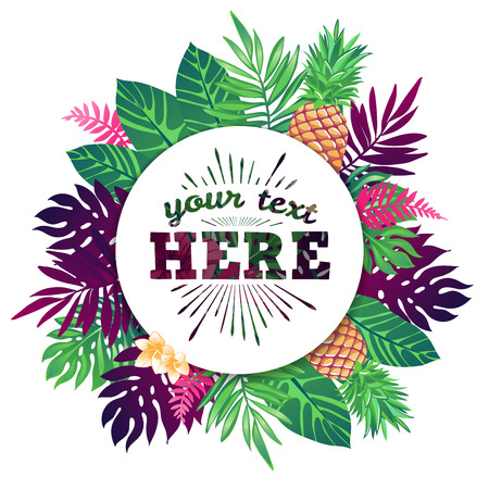 Tropical vector illustration with place for your text and tropical elements, pineapples, exotic flowers and leaves isolated on white background.のイラスト素材