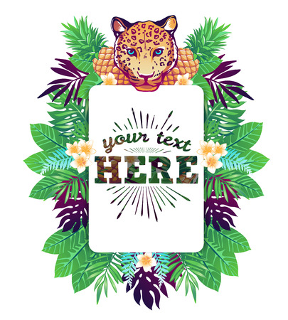 Tropical vector illustration with place for your text and tropical elements, leopard, pineapples, exotic flowers and leaves isolated on white background.のイラスト素材