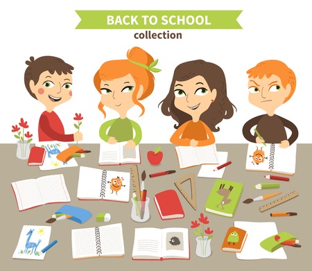 Back to school vector cartoon set with students.のイラスト素材