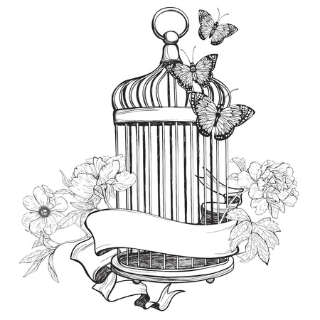 Birdcage wih ribbon, flowers and butterfly isolated on white background. Vintage hand drawn vector illustration.のイラスト素材
