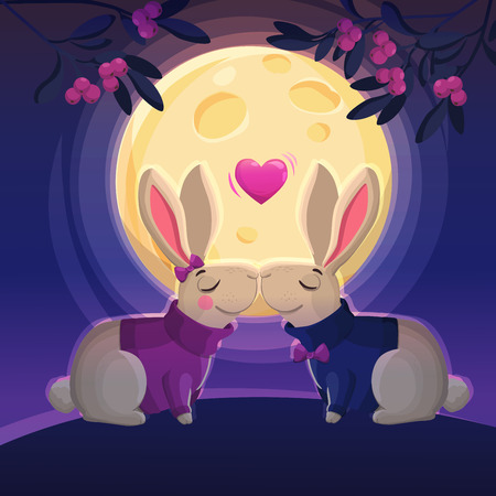 Two kissing rabbits in night on the moon background. Cartoon vector illustration. Valentines Day Card.のイラスト素材