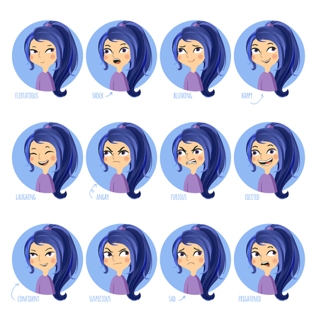 Set of facial expressions of cute girl. Flirtatious, shock, blushing, happy and other. Vector illustration.のイラスト素材