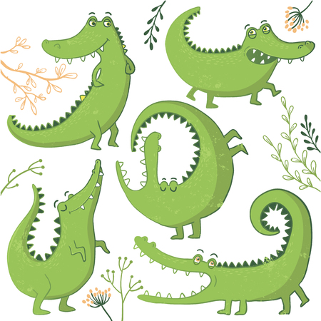 Set of funny hand drawn crocodiles and floral elements. Vector illustration.のイラスト素材