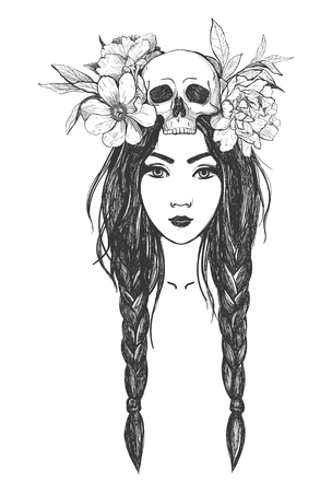 Woman with skull, flowers. Tattoo art, coloring books. illustration Isolated on white background.のイラスト素材