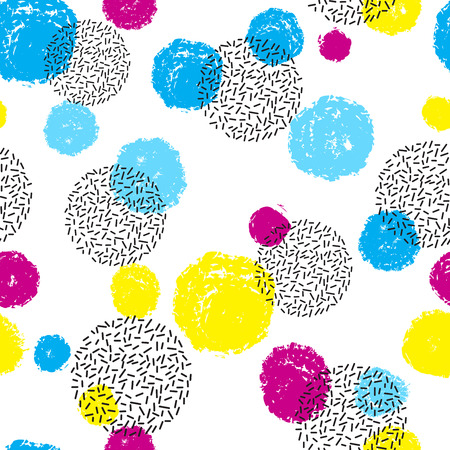 Seamless geometric doodle pattern in retro style with neon colors.のイラスト素材