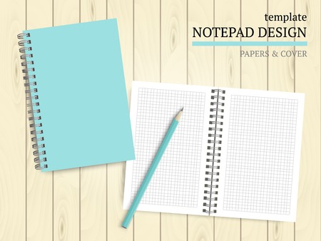 Set of notebook cover, papers and pencil on wood background. Vector template for design work.のイラスト素材