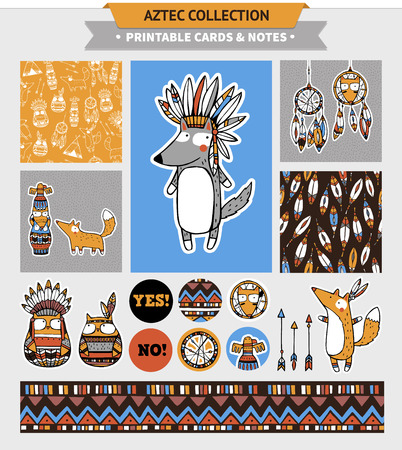 Aztec illustration. Vector printable cards, stickers and banners with native american funny wolf and other animals.のイラスト素材