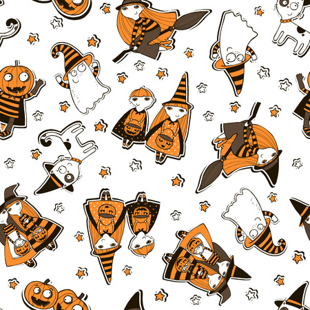 Halloween seamless vector pattern with cartoon funny pumpkin, witches, ghosts, cat and stars.のイラスト素材