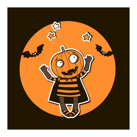 Halloween vector illustration with cartoon funny pumpkin and vampire bat.のイラスト素材