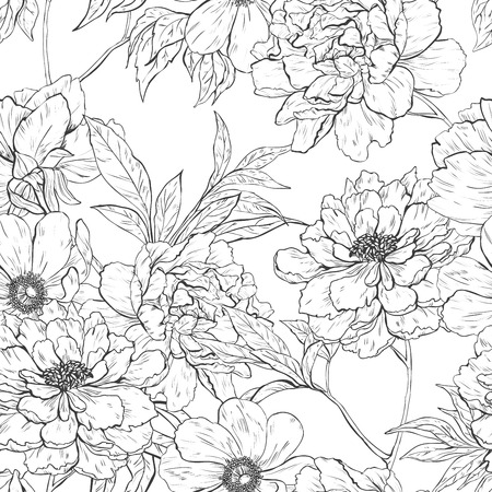 Floral hand drawn vintage vector seamless pattern with flowers. Tattoo art, coloring books. Hand drawn vintage vector seamless pattern.のイラスト素材