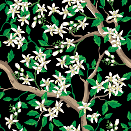 Floral pattern with white flowers. Seamless vector background in chinese style.のイラスト素材