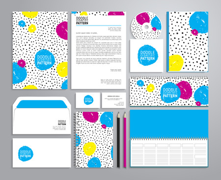Corporate identity templates in in retro style with neon colors, notepad, disk, package, label, envelope etc.のイラスト素材