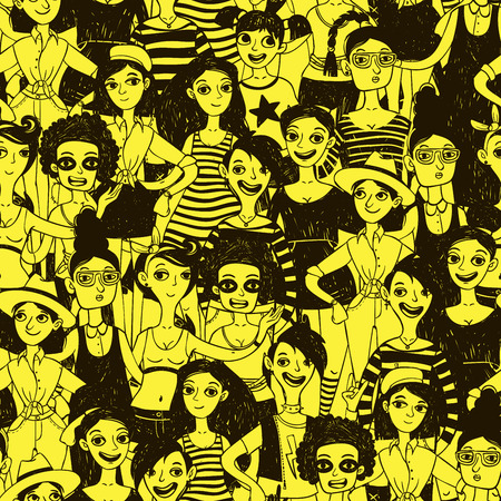 Saeamless pattern with doodle women in retro style.のイラスト素材
