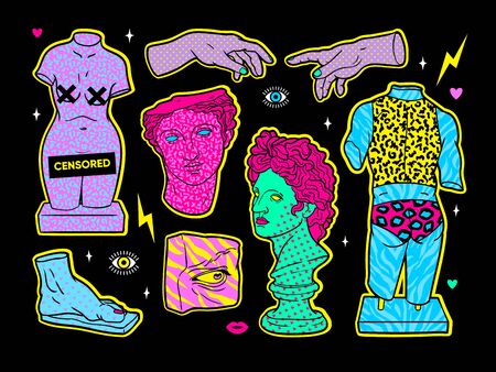 Acid ancient sculpture illustrations in trendy psychedelic cosmic style.のイラスト素材