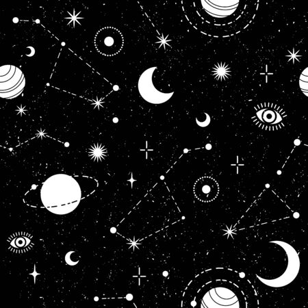 Occult trendy seamless pattern with moon, planet, constellation and stars.