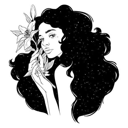Portrait of beautiful woman with flowers. Black and white ink illustration.のイラスト素材