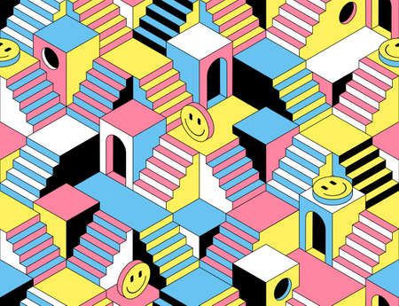 Surreal seamless pattern with stairs, steps, labyririnth, secrets and emoji. Vector background in...