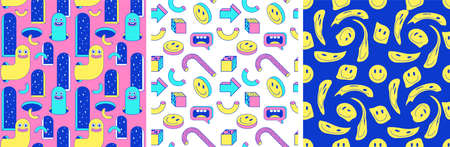 Cartoon surreal seamless patterns with emoji, arch, geometric, abstract shapes in trendy psychedelic weird style.のイラスト素材